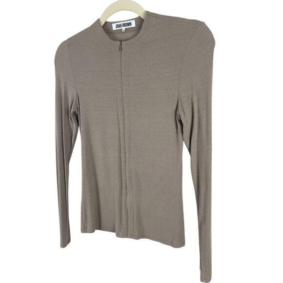 Joah Brown Invisible Zip Long Sleeve Top Ribbed Stretch Taupe Flexrib Size S/M - Picture 6 of 13